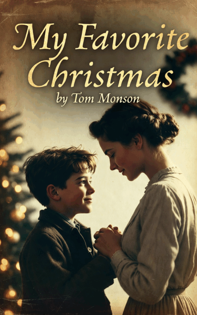 The cover of My Favorite Christmas by Tom Monson, showing Sophia and James sharing a loving look in front of a glowing Christmas tree.
My Favorite Christmas story.