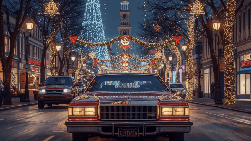 A car driving through the Christmas-lit streets of Los Angeles at night, surrounded by festive lights and holiday decorations. My Favorite Christmas Story