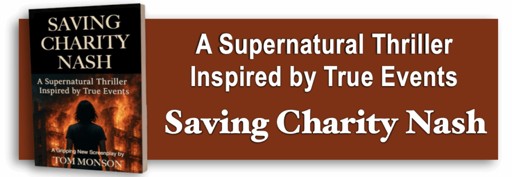 Banner featuring the book cover of Supernatural Thriller, The Saving Charity Nash Story, with a silhouette of Charity standing before a blazing apartment building.
