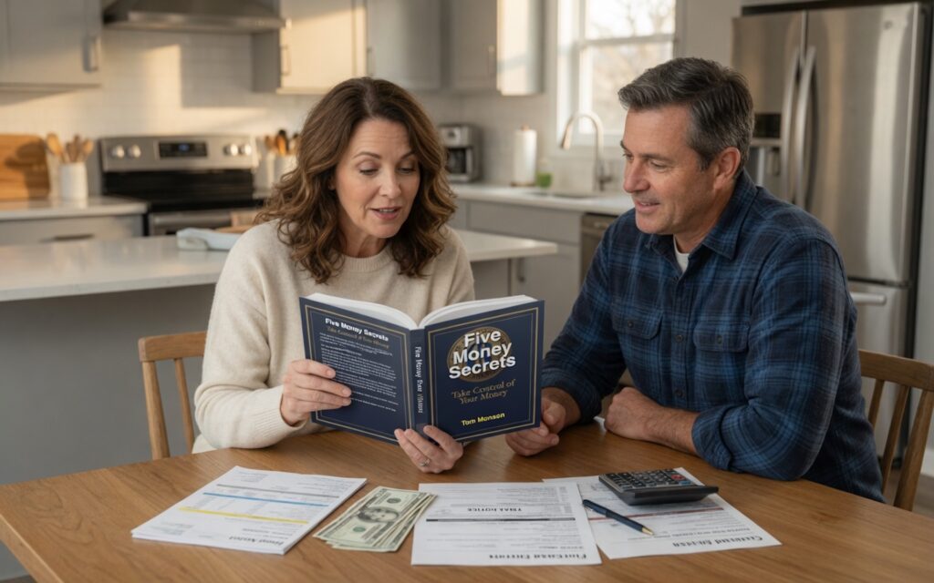 Senior couple sitting at kitchen table studying the secret to building wealth together in the Five Money Secrets course