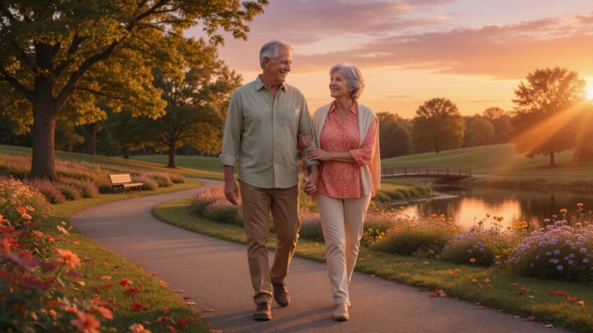 Discover the secret to building wealth through gratitude with this happy senior couple enjoying a peaceful walk in the park