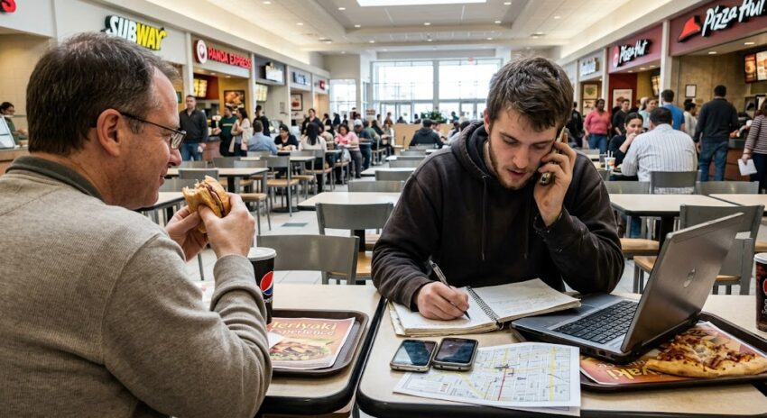 Two men talking at a mall food court table about working as a Property Acquisition Specialist