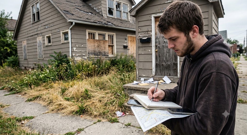 A Property Acquisition Specialist standing in front of a distressed house taking notes in a notebook